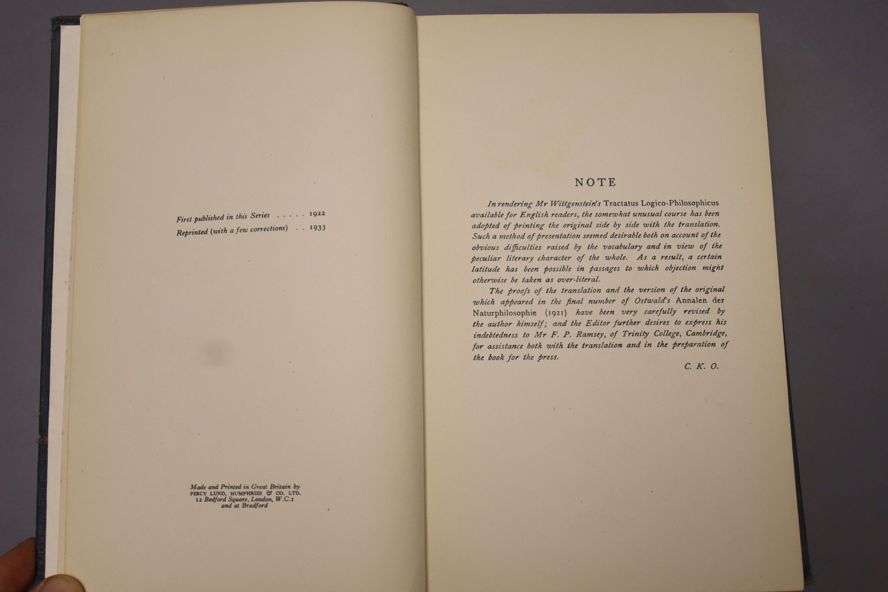 Wittgenstein, Ludwig – Tractatus Logico-Philosophicus, with an introduction by Bertrand Russell. gilt-lettered cloth, reprinted with a few corrections, 1933